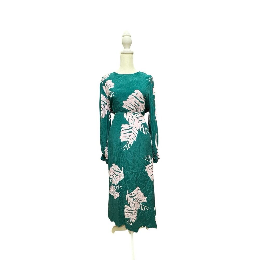 M&S Autograph Cupro Viscose Palm Print Midi Dress Green Tie Waist US 10